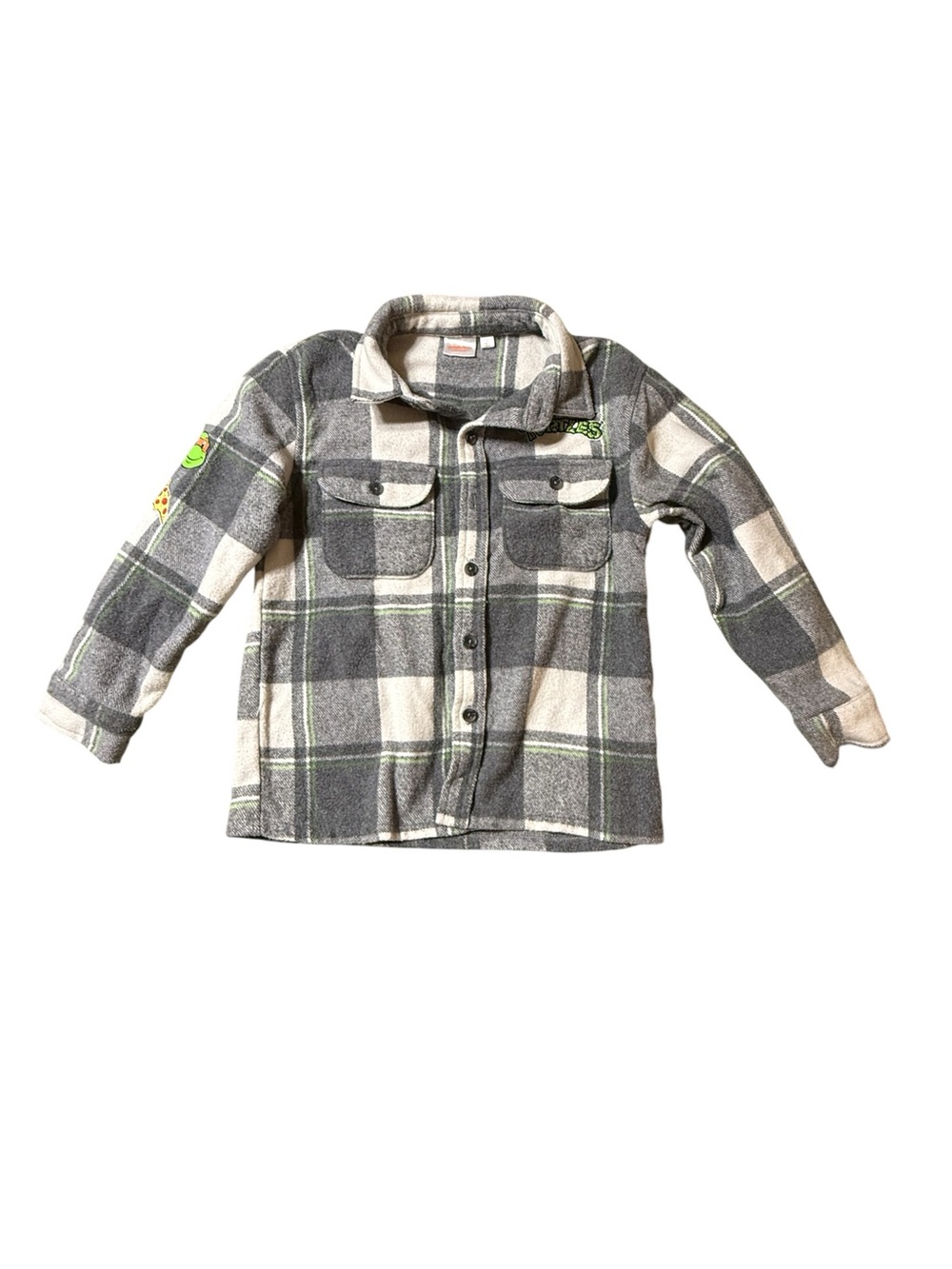 Nickelodeon TMNT Boys Small 6/7 Gray Plaid Flannel Shacket Shirt Pizza Patches